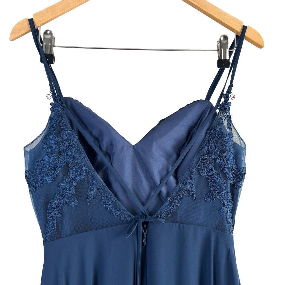 Azazie A-Line Pleated Chiffon Bridesmaid Dress Lace V Back in Navy Blue, Size A8 - Picture 10 of 13